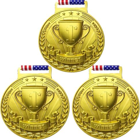 3D Gold Award Medals - 2.56 Inch Wide Olympic Medals with Trophy Pattern Decorations Stars and Stripes American Flag V Neck Ribbon - Medals for Adults & Kids, 1st Place Medals in Saudi Arabia