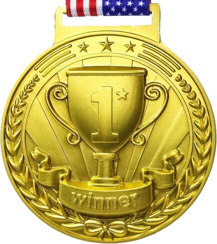 3D Gold Award Medals - 2.56 Inch Wide Olympic Medals with Trophy Pattern Decorations Stars and Stripes American Flag V Neck Ribbon - Medals for Adults & Kids, 1st Place Medals in Saudi Arabia