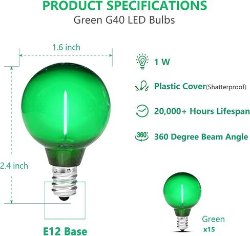 25 Pack G40 LED Red Light Bulb Green Light Bulb, 1 Watt Colored Light Bulbs String Light Bulbs Plastic Shatterproof E12 Base Outdoor Replacement Christmas Halloween Light Bulbs, 120 Volt in Saudi Arabia