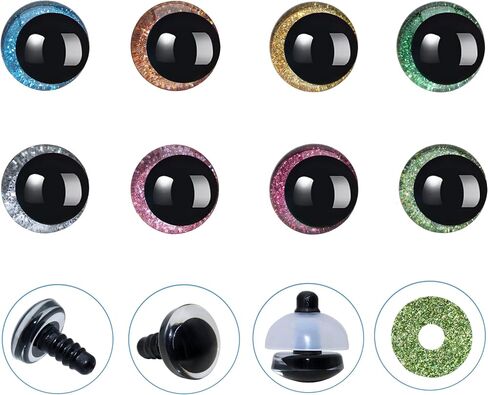 32Pcs 3D Glitter Safety Eyes and Washers for Amigurumi Crochet - Thalinfayi 25mm 8Colors Large Strabismus Safety Eyes Crochet Amigurumi Eyes for Amigurumi, Crafts, Crochet Doll DIY Making Supplies in Saudi Arabia