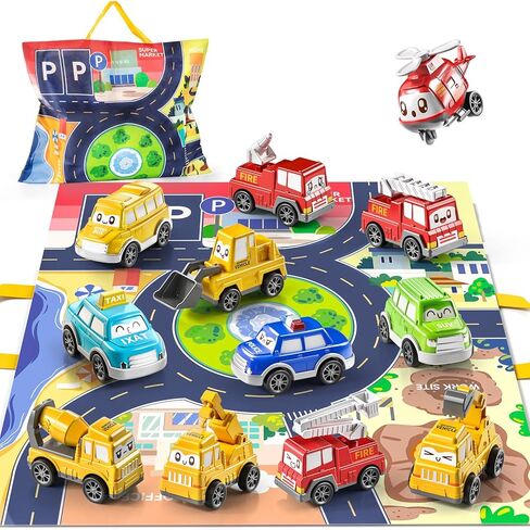 TEMI Toddler Pull Back Car Toys for 1 2 3 Year Old Boy Girl, 12 Pieces Baby Toy Cars with Play Mat/Storage Bag, Baby Toys 12-18 Months, Birthday Gifts for Toddler Toys Age 1-2 in Kuwait
