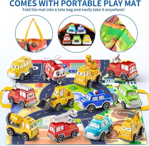 TEMI Toddler Pull Back Car Toys for 1 2 3 Year Old Boy Girl, 12 Pieces Baby Toy Cars with Play Mat/Storage Bag, Baby Toys 12-18 Months, Birthday Gifts for Toddler Toys Age 1-2 in Kuwait
