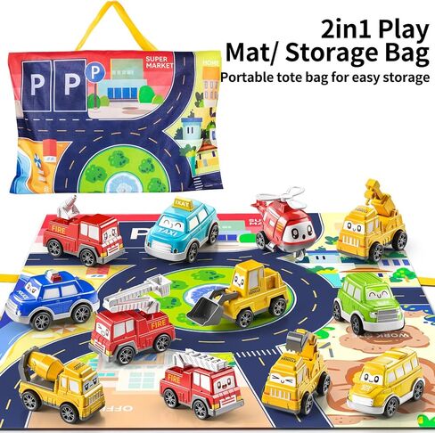 TEMI Toddler Pull Back Car Toys for 1 2 3 Year Old Boy Girl, 12 Pieces Baby Toy Cars with Play Mat/Storage Bag, Baby Toys 12-18 Months, Birthday Gifts for Toddler Toys Age 1-2 in Kuwait