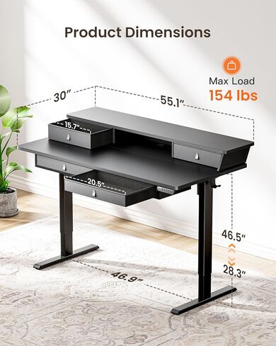 ErGear Standing Desk with Drawers, 48 x 30 Inches Height Adjustable Desk with Storage, Electric Sit Stand Desk, 4 Memory Preset Computer Home Office Desk with Cable Management Tray, Black in Kuwait