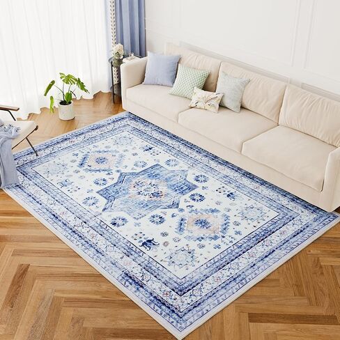 Area Rug 5x7, Vintage Rug with Non Slip Backing, Soft Area Rugs for Bedroom, Low Pile Stain Resistant Farmhouse Rug for Living Room, Farmhouse, Dining Room, Indoor, Kids Playroom in Saudi Arabia
