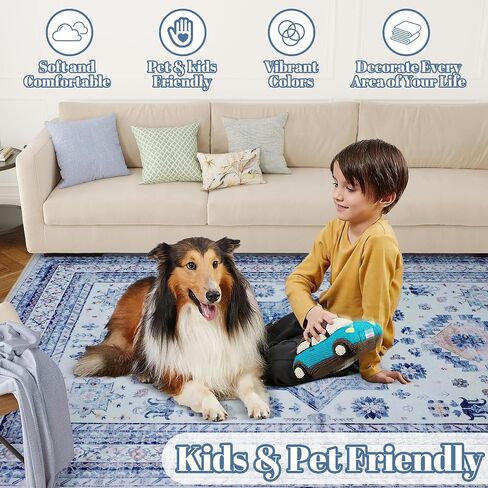 Area Rug 5x7, Vintage Rug with Non Slip Backing, Soft Area Rugs for Bedroom, Low Pile Stain Resistant Farmhouse Rug for Living Room, Farmhouse, Dining Room, Indoor, Kids Playroom in Saudi Arabia