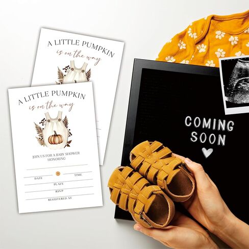 25 Set Double Print Baby Shower Invitation Cards(4"x6")-It's A Boy Autumn Card-Floral Watercolor Blue Pumpkin Invitation Card With Envelope-Baby Gender Announcement-A04 in Kuwait