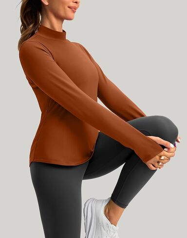 قمصان حرارية للنساء بأكمام طويلة ورقبة وهمية من الصوف، قمصان للجري والتمارين الرياضية في الطقس البارد مع جيب بسحاب in Kuwait