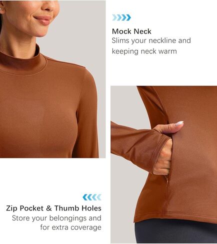 قمصان حرارية للنساء بأكمام طويلة ورقبة وهمية من الصوف، قمصان للجري والتمارين الرياضية في الطقس البارد مع جيب بسحاب in Kuwait