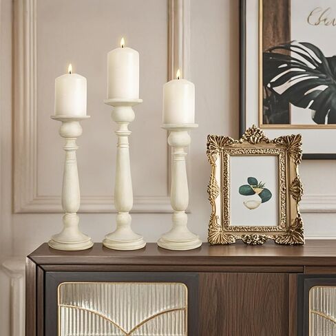 AELS Tall Candle Holders Set of 3, Rustic Candlestick Holder, Vintage Centerpiece Table Decorations, Fireplace Mantel Decor, Elegant Antique Candle Holder Decor, Gift Ideas, Distressed Gold in Kuwait