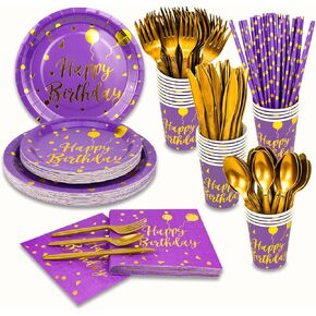 201 Pieces Gold Disposable Party Dinnerware Set &Golden Dot Birthday Black Paper Plates Napkins Cups, Gold Plastic Forks Knives Spoons (25 Guests) in Saudi Arabia