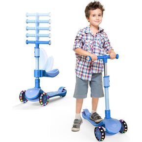 2-in-1 Kids Kick Scooter for Ages 3-12, 5 Adjustable Height Handlebar and Removable Foldable Seat, 3 LED Light Wheels Learn to Steer, Wide Standing Board Scooter Indoor Outdoor for Boy Girl, Blue
