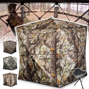 Hunting Blind 1-3 Person with Tri-Leg Hunting Stool, 270 Degree See Through Pop up Ground Blinds for Deer Turkey Duck Hunting, Bow Hunting Adjust Windows with Silent Zipper