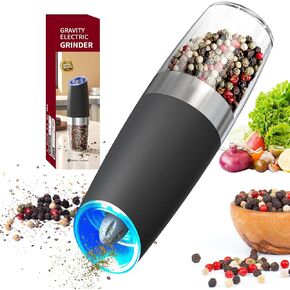 CIRCLE JOY Gravity Electric Salt and Pepper Grinder Set Rechargeable Salt and Pepper Grinder Set with LED Light, No Battery Needed, Adjustable Coarseness, Washable 135ml Container, Black
