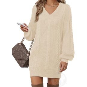 Women's Pullovers Jumper Sweaters Lantern Sleeve Casual V Neck Fall Knit Mini Sweater Dresses