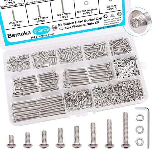 580PCS M3 Screw Kit, M3 x 6/8/10/12/16/20/25/30mm Button Head Socket Cap Screws Bolts Nuts Washers Assortment Kit, 304 Stainless Steel Metric Screws with Hex Wrench in Kuwait
