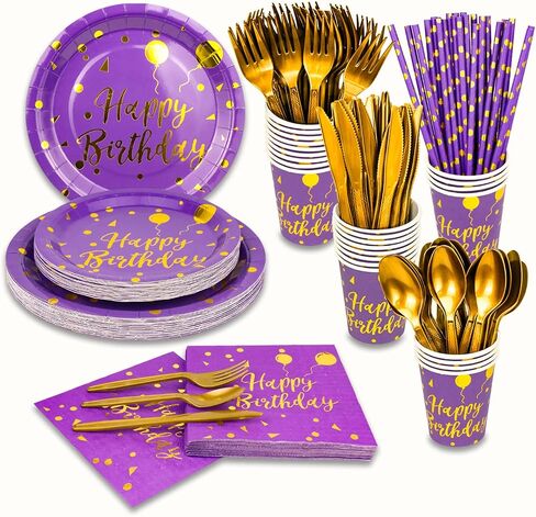 201 Pieces Gold Disposable Party Dinnerware Set &Golden Dot Birthday Black Paper Plates Napkins Cups, Gold Plastic Forks Knives Spoons (25 Guests) in Saudi Arabia