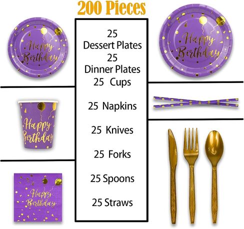 201 Pieces Gold Disposable Party Dinnerware Set &Golden Dot Birthday Black Paper Plates Napkins Cups, Gold Plastic Forks Knives Spoons (25 Guests) in Saudi Arabia
