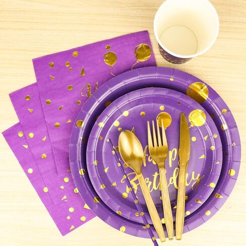 201 Pieces Gold Disposable Party Dinnerware Set &Golden Dot Birthday Black Paper Plates Napkins Cups, Gold Plastic Forks Knives Spoons (25 Guests) in Saudi Arabia