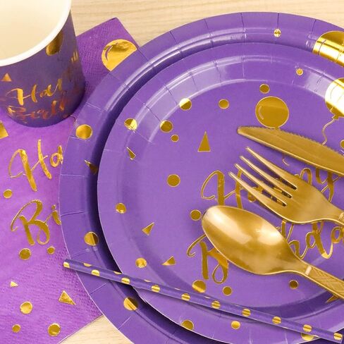 201 Pieces Gold Disposable Party Dinnerware Set &Golden Dot Birthday Black Paper Plates Napkins Cups, Gold Plastic Forks Knives Spoons (25 Guests) in Saudi Arabia