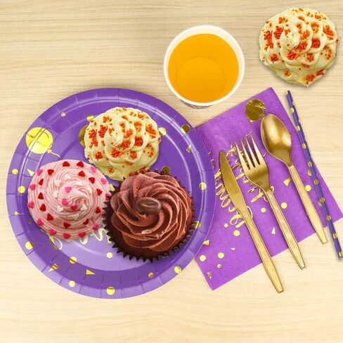 201 Pieces Gold Disposable Party Dinnerware Set &Golden Dot Birthday Black Paper Plates Napkins Cups, Gold Plastic Forks Knives Spoons (25 Guests) in Saudi Arabia