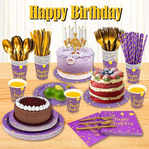 201 Pieces Gold Disposable Party Dinnerware Set &Golden Dot Birthday Black Paper Plates Napkins Cups, Gold Plastic Forks Knives Spoons (25 Guests) in Saudi Arabia