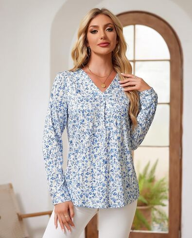 Women's Long Sleeve Shirts Dressy Causal V Neck Tunic Tops Work Shirt Business Causal Blouse in Kuwait