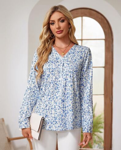 Women's Long Sleeve Shirts Dressy Causal V Neck Tunic Tops Work Shirt Business Causal Blouse in Kuwait