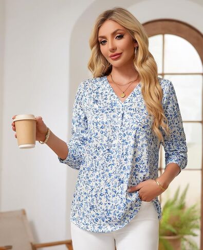 Women's Long Sleeve Shirts Dressy Causal V Neck Tunic Tops Work Shirt Business Causal Blouse in Kuwait