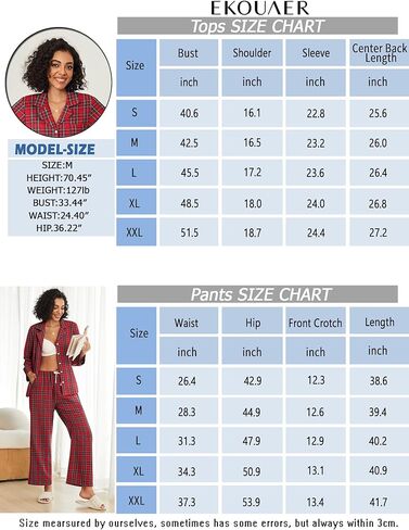 Ekouaer Pajamas Set for Womens 2 Piece Cotton Plaid Loungewear Long Sleeve Sleepwear Soft Button Down Shirts Pjs with Pockets in Saudi Arabia