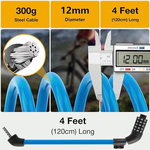 E Scooter Lock，Bike Lock 12mm Thick Bike Lock Cable High Security 5 Digit Resettable Combination Lock 4 Feet Bicycle Lock for Xiaomi M365/Pro2/Max/Ninebot/F Essential Scooter/Bicycle/Motor Lock in Saudi Arabia