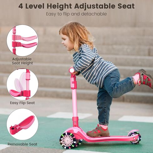 2-in-1 Kids Kick Scooter for Ages 3-12, 5 Adjustable Height Handlebar and Removable Foldable Seat, 3 LED Light Wheels Learn to Steer, Wide Standing Board Scooter Indoor Outdoor for Boy Girl, Blue in Saudi Arabia