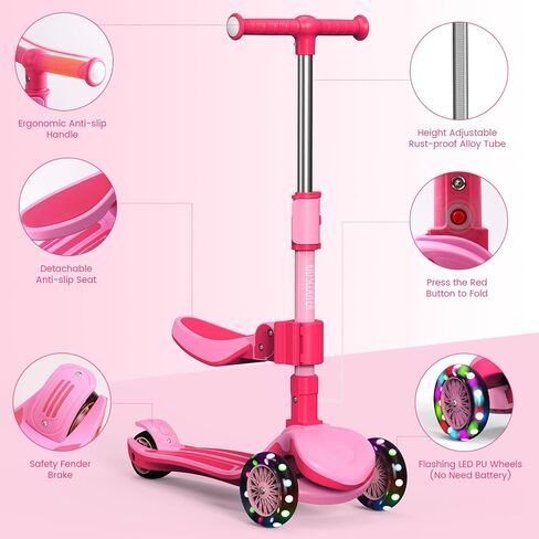 2-in-1 Kids Kick Scooter for Ages 3-12, 5 Adjustable Height Handlebar and Removable Foldable Seat, 3 LED Light Wheels Learn to Steer, Wide Standing Board Scooter Indoor Outdoor for Boy Girl, Blue in Saudi Arabia