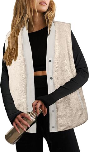 سترة منتفخة للنساء من Angashion: معطف جيليه مبطن دافئ للخريف بدون أكمام ذو وجهين، جيوب in Kuwait