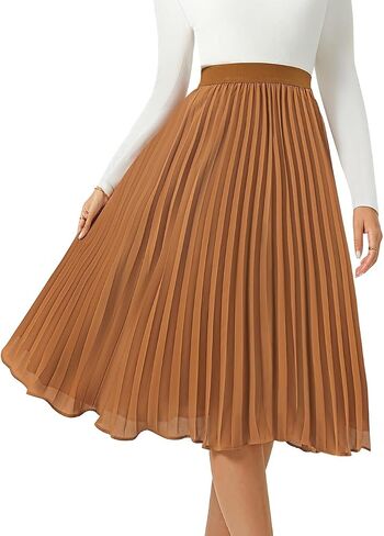 Women's Midi Skirt Elastic High Waist Pleated Skirt Knee Length Swing A-Line Casual Flowy Skirts 2024 in Saudi Arabia