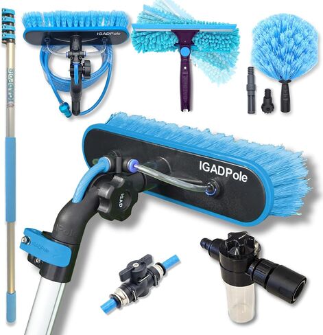 IGADPole 28ft(8.8m) Washing Kit: Water-fed Brush, Cobweb Duster and 10"(25cm) Squeegee and Soap Dispenser, Window Cleaning Pole, Water Fed Telescopic Brush, Window Cleaner Kit in Kuwait