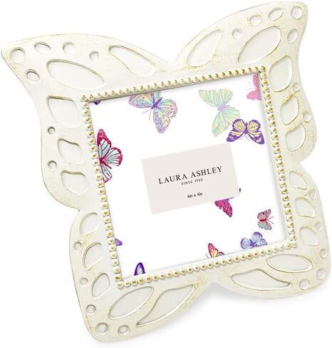 Laura Ashley 4x6 Horizontal White with Gold Resin Butterfly Picture Frame with Dotted Edges, Photo Frame with Black Fabric Easel, Made for Tabletop & Wall-Hanging Display (6x4, White with Gold) in Kuwait