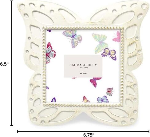 Laura Ashley 4x6 Horizontal White with Gold Resin Butterfly Picture Frame with Dotted Edges, Photo Frame with Black Fabric Easel, Made for Tabletop & Wall-Hanging Display (6x4, White with Gold) in Kuwait