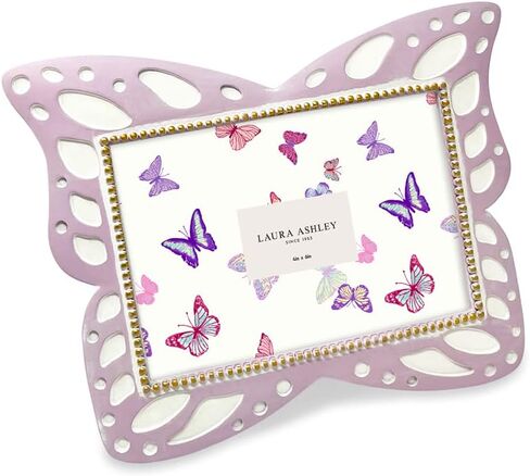 Laura Ashley 4x6 Horizontal White with Gold Resin Butterfly Picture Frame with Dotted Edges, Photo Frame with Black Fabric Easel, Made for Tabletop & Wall-Hanging Display (6x4, White with Gold) in Kuwait