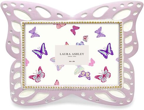Laura Ashley 4x6 Horizontal White with Gold Resin Butterfly Picture Frame with Dotted Edges, Photo Frame with Black Fabric Easel, Made for Tabletop & Wall-Hanging Display (6x4, White with Gold) in Kuwait