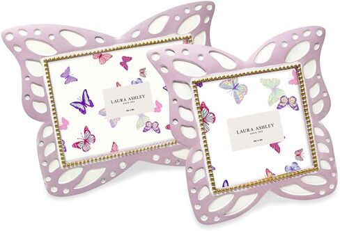 Laura Ashley 4x6 Horizontal White with Gold Resin Butterfly Picture Frame with Dotted Edges, Photo Frame with Black Fabric Easel, Made for Tabletop & Wall-Hanging Display (6x4, White with Gold) in Kuwait