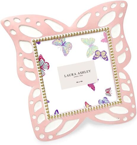 Laura Ashley 4x6 Horizontal White with Gold Resin Butterfly Picture Frame with Dotted Edges, Photo Frame with Black Fabric Easel, Made for Tabletop & Wall-Hanging Display (6x4, White with Gold) in Kuwait