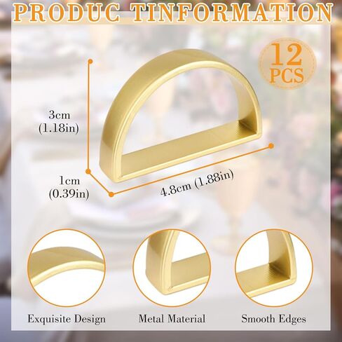 حلقات مناديل من الفولاذ المقاوم للصدأ، حوامل حلقات مناديل معدنية، حامل Yimerlen، أبازيم منديل لعشاء العائلة، الزفاف، الحفلات (نصف دائرة ذهبي غير لامع) 12 قطعة in Kuwait
