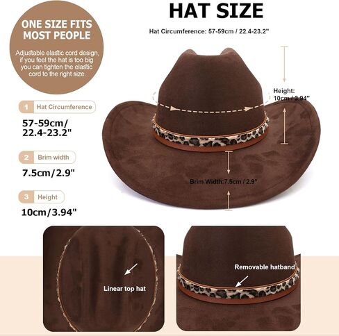 قبعة رعاة البقر الكلاسيكية من جلد الغزال للكبار واسعة حافة قبعة راعية البقر الغربية قبعة فيدورا للنساء مع شريط قبعة بطبعة الفهد in Kuwait