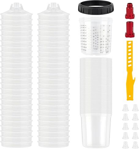 نظام أكواب خلط الطلاء للاستعمال مرة واحدة سعة 20 أونصة (600 مل) من يوزيس - 50 كوب طلاء مع أغطية، كوبين صلبين مع حلقة تثبيت، 10 مقابس، 4 محولات أكواب مسدس رش - محرك طلاء - لمسدس طلاء السيارات in Kuwait