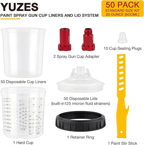 نظام أكواب خلط الطلاء للاستعمال مرة واحدة سعة 20 أونصة (600 مل) من يوزيس - 50 كوب طلاء مع أغطية، كوبين صلبين مع حلقة تثبيت، 10 مقابس، 4 محولات أكواب مسدس رش - محرك طلاء - لمسدس طلاء السيارات in Kuwait