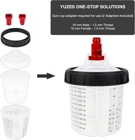 نظام أكواب خلط الطلاء للاستعمال مرة واحدة سعة 20 أونصة (600 مل) من يوزيس - 50 كوب طلاء مع أغطية، كوبين صلبين مع حلقة تثبيت، 10 مقابس، 4 محولات أكواب مسدس رش - محرك طلاء - لمسدس طلاء السيارات in Kuwait
