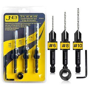 JNB Pro Wood Countersink Drill Bit Set & Wood Plug Cutters-2 Pc Adjustable Countersink Bit #8(7/64") #12(7/32") and 2 Wood Plug Cutters Dowel Cutter 3/8" & 1/2" Diameter-1 Hex Wrench-1/4" Quick Change