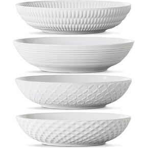 Maison Neuve Premium Porcelain White Dinner Bowls [Set of 4]- 34oz Dinnerware Kitchen Bowls For Soup, Noodle, Pasta, Salad, Cereal, Dessert- Durable Dishwasher-Safe 8.5" Serving Bowls- Textured White