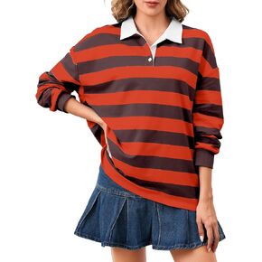 Women's Oversized Striped Polo Sweatshirt Long Sleeve Rugby Collared Pullover Tops Loose Fit Shirt